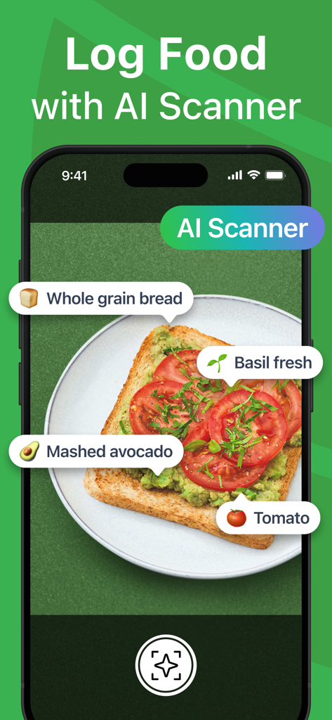 Calorie Counter - MyNetDiary - L'app MyNetDiary utilizza l'IA per identificare ingredienti come avocado e pomodoro per la registrazione del cibo.