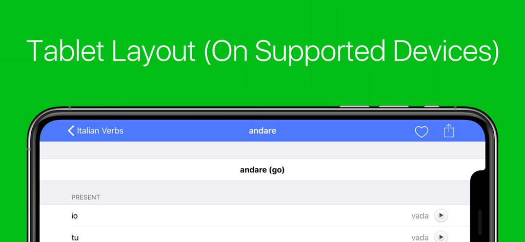 Italian Verb Conjugator - Tablet layout view of the Italian Verb Conjugator app in landscape mode