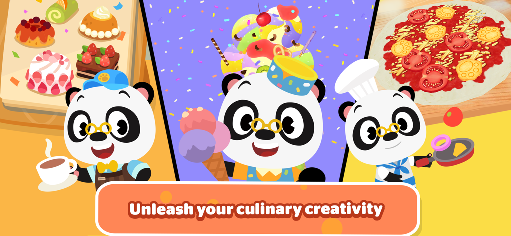 Dr. Panda Classics - Dr. Panda character dressed as a barista, ice cream seller, and chef showcasing food related activities