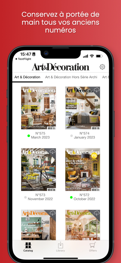 Digital catalog of Art and Decoration magazine past issues on a mobile app interface.
