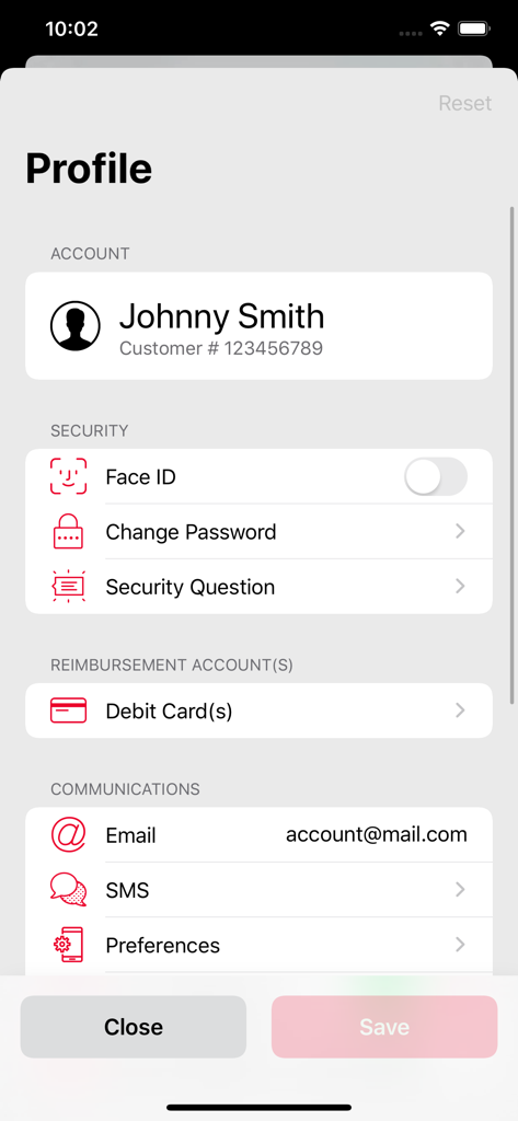 AFmobile app profile page showing account information security settings and communication preferences.