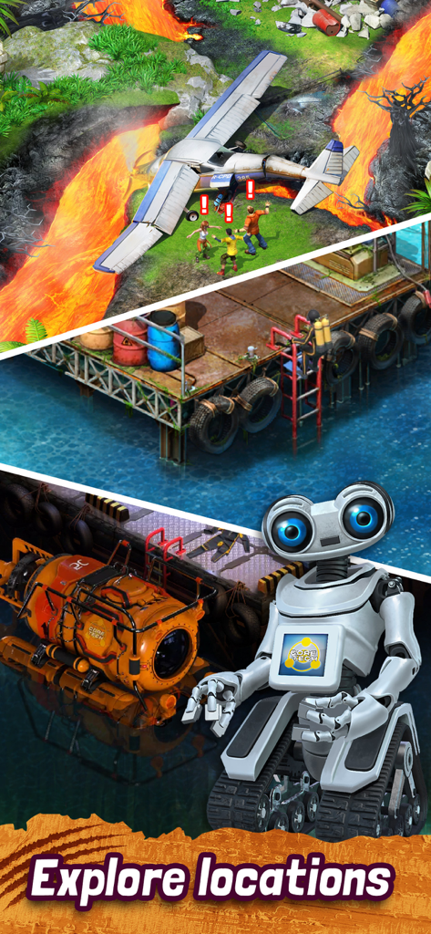 Survivors: the Quest - Gameplay di Survivors the Quest che mostra varie location dell'isola tra cui il sito di un incidente aereo e un sottomarino