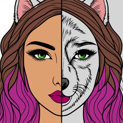 split face realistic woman and wolf