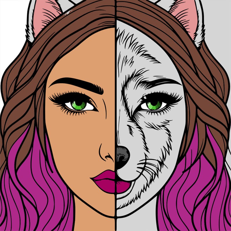 split face realistic woman and wolf
