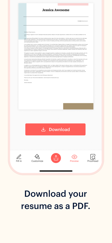 Mobile screen showing a resume preview for Jessica Awesome with a large red button to download as a PDF.
