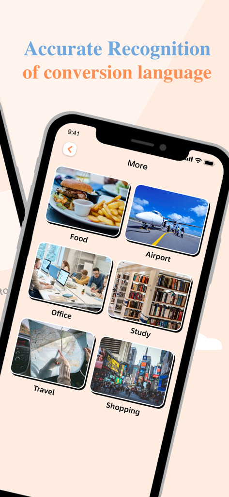 Siko Translator-Multilingual - Pantalla de la aplicación Siko Translator mostrando categorías de traducción para viajes de comida, aeropuerto y compras