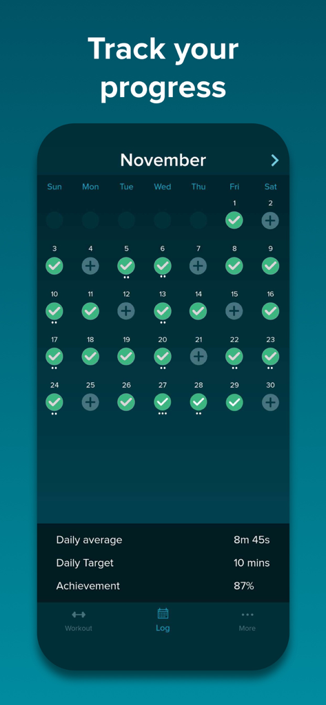 SnoreGym : Reduce Your Snoring - SnoreGym app interface showing a monthly calendar for tracking snoring exercises and daily goals