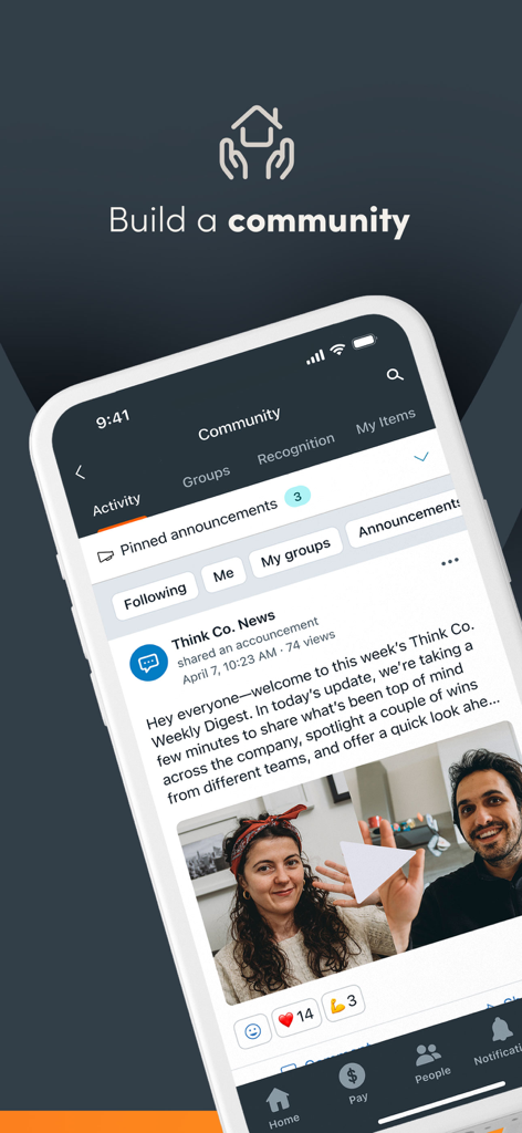 Paylocity - The Paylocity mobile app community feature displaying a company news feed with employee videos and social interactions