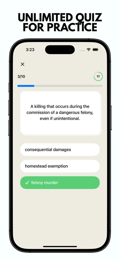 JurisNova: Legal Dictionary - JurisNova app interface showing a multiple choice practice quiz for legal terminology.