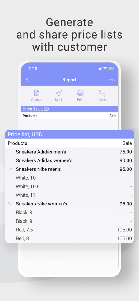 BOSS Small Business Accounting - Uma tela de smartphone do aplicativo BOSS Contabilidade para Pequenas Empresas exibindo uma lista de preços detalhada para produtos de varejo
