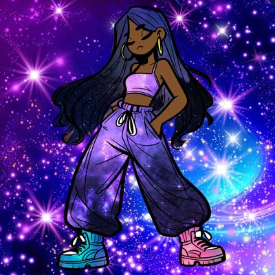 girl in baggy pants crop top and long hair