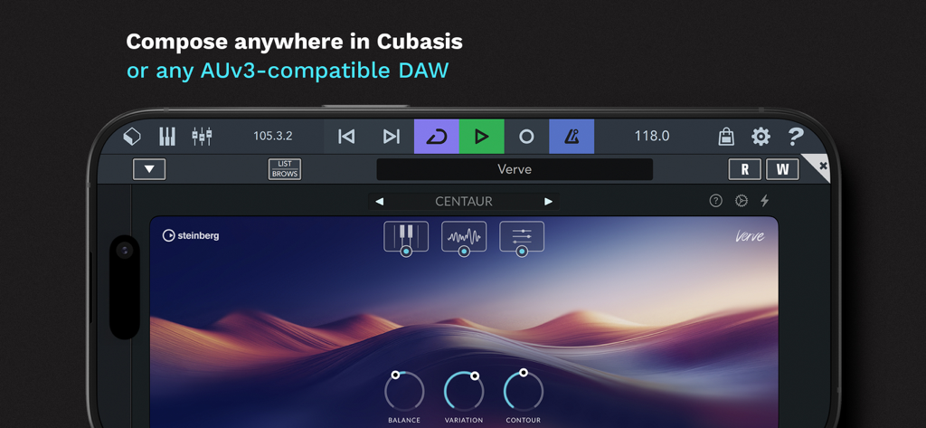 Verve - Felt Piano App & AUv3 - Interface de l'application de piano feutré Verve intégrée à une DAW compatible AUv3 sur un smartphone