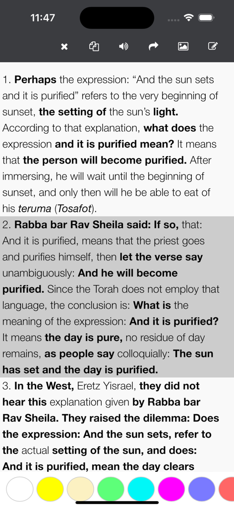 Talmud Now - Englische Übersetzung des Babylonischen Talmuds innerhalb der Talmud Now-App-Oberfläche, mit Textmarkierung und Lerntools.