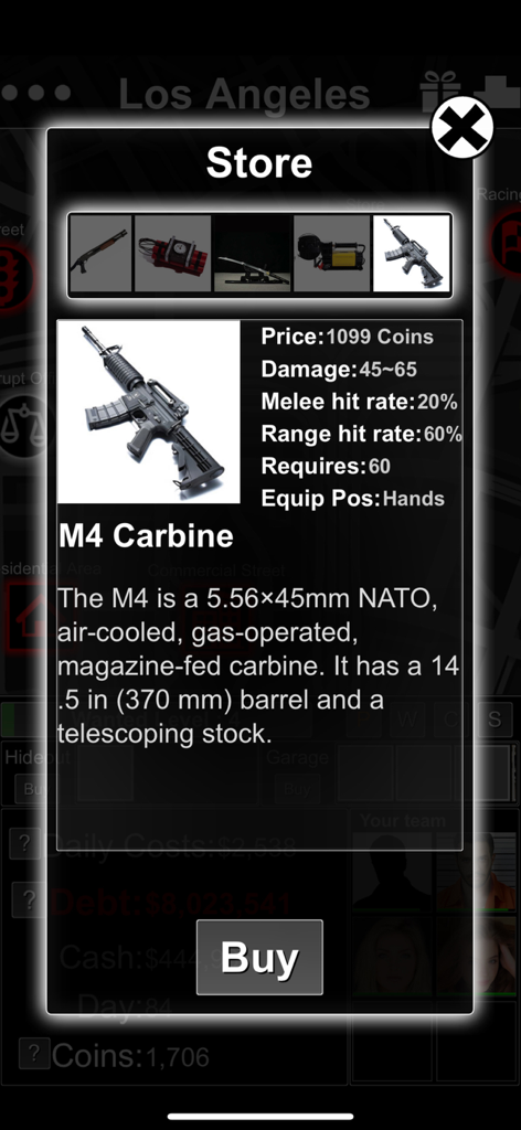 Crime Life Simulator -Text GTA - In-game store menu in Crime Life Simulator showing stats and description for an M4 Carbine weapon