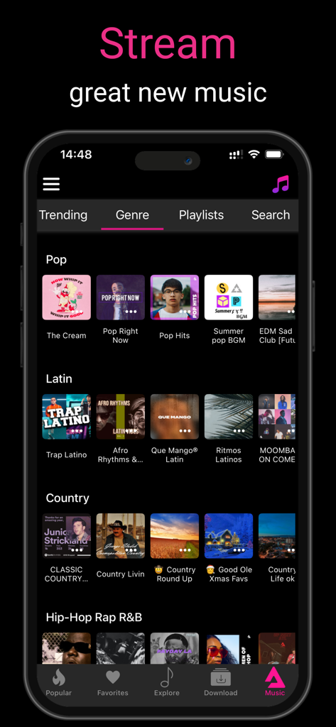 Offline Music Player ‣‣ - Interface of the Offline Music Player app displaying various music genres like Pop and Latin for streaming.
