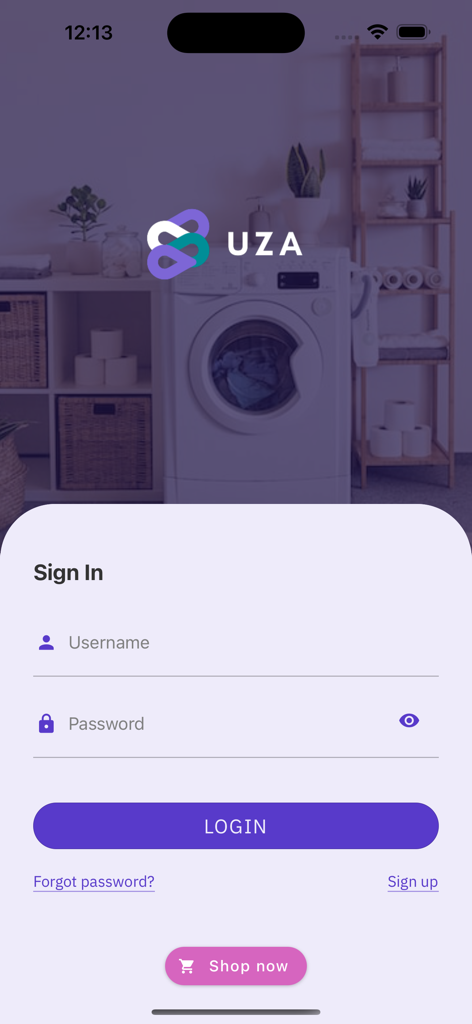 A tela de login do aplicativo de mercado UZA Rwanda apresentando um formulário de login sobre uma imagem de fundo de uma lavanderia.