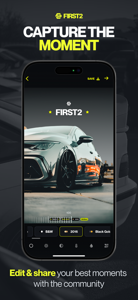 A smartphone displaying the FIRST2 automotive photo editor interface with a car photo and various filters
