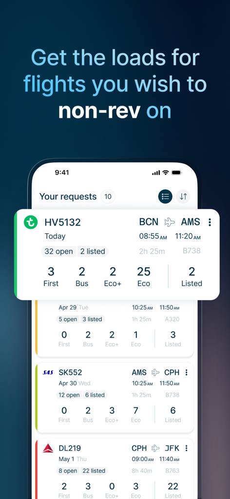 StaffTraveler - App mobile StaffTraveler che mostra la disponibilità di posti per viaggi aerei in standby.