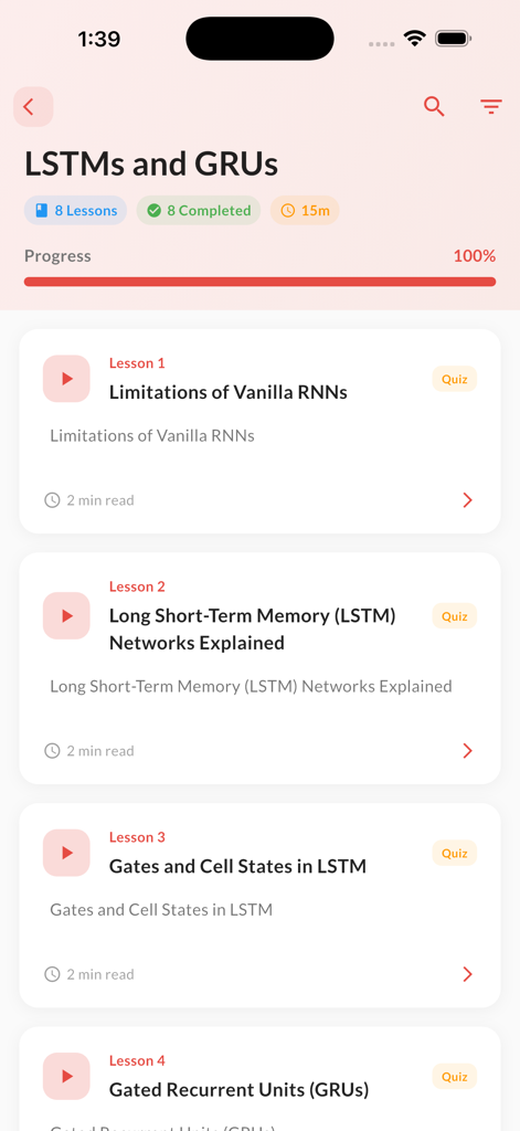 Learn Deep Learning with Ai - Interface d'application mobile montrant des leçons de deep learning sur les réseaux neuronaux LSTM et GRU