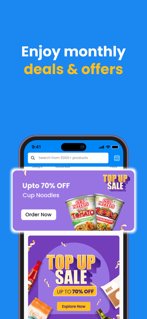 Milkbasket: Grocery Delivery - Milkbasket mobile app screen showing monthly deals and up to seventy percent off discounts on groceries