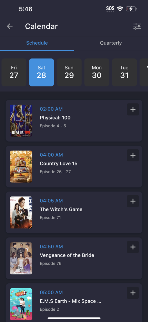 Airing schedule for Asian drama episodes on the MyDramaList app calendar