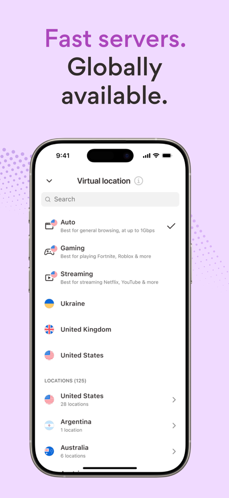 Interfaz de la aplicación VPN 360 mostrando una lista de ubicaciones virtuales que incluyen servidores optimizados para juegos y streaming