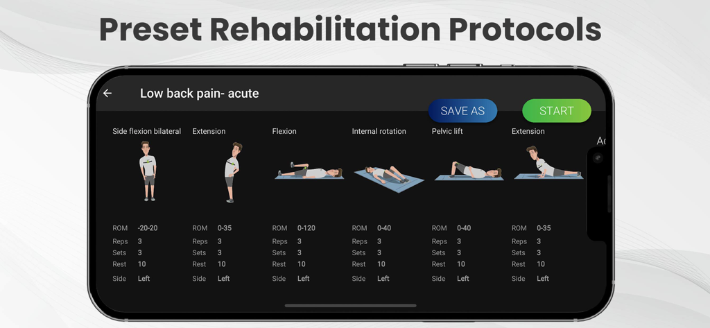 BoBo Pro 2.0 - BoBo Pro 2.0 app showing preset rehabilitation protocols for low back pain treatment
