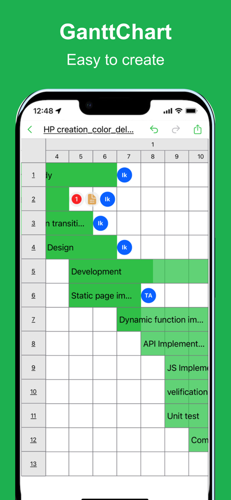GanttchartAI: GanttChart by AI - ガントチャートAIのモバイルインターフェイス。タスクバーとチームの割り当てが表示されたプロジェクトスケジュールを示しています。