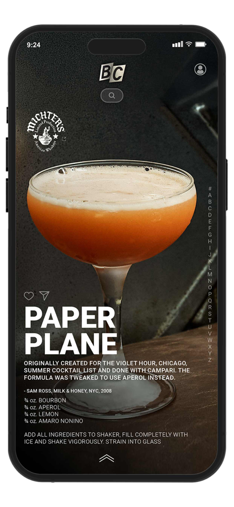 Bartender's Choice Vol.3 - Bartenders Choice Vol.3 app displaying a Paper Plane cocktail recipe