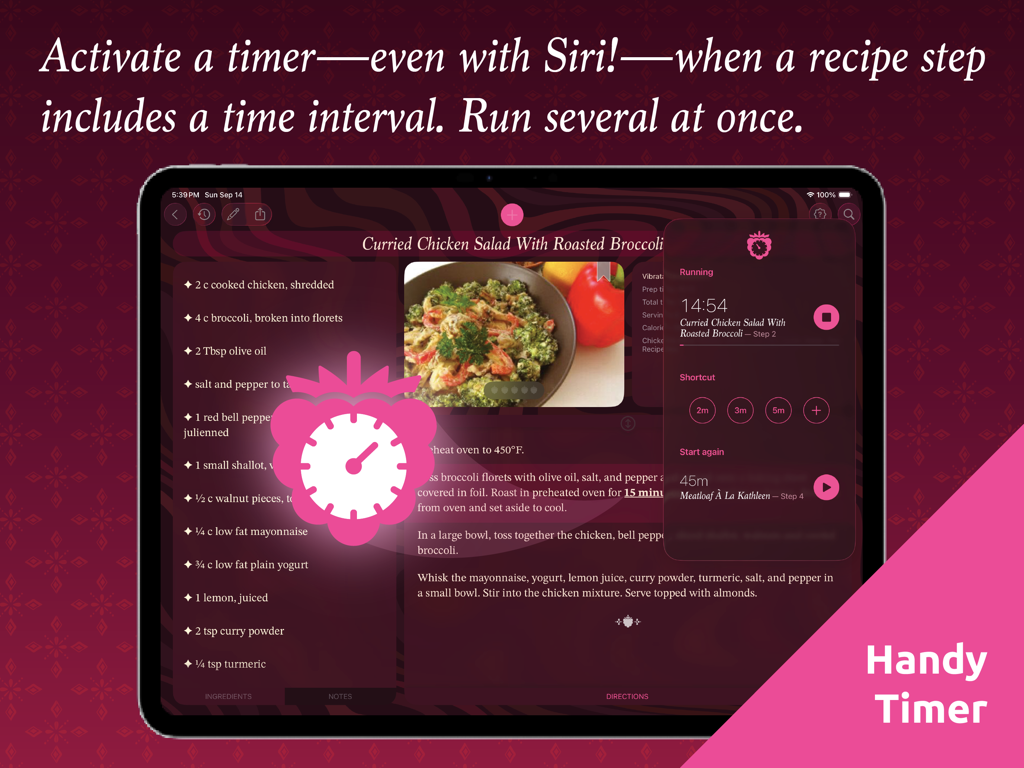 iPad screen displaying The Recipe Box app with an integrated kitchen timer for a recipe step