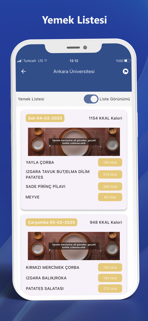 Ankara University mobile app cafeteria menu screen showing daily meals and calories.