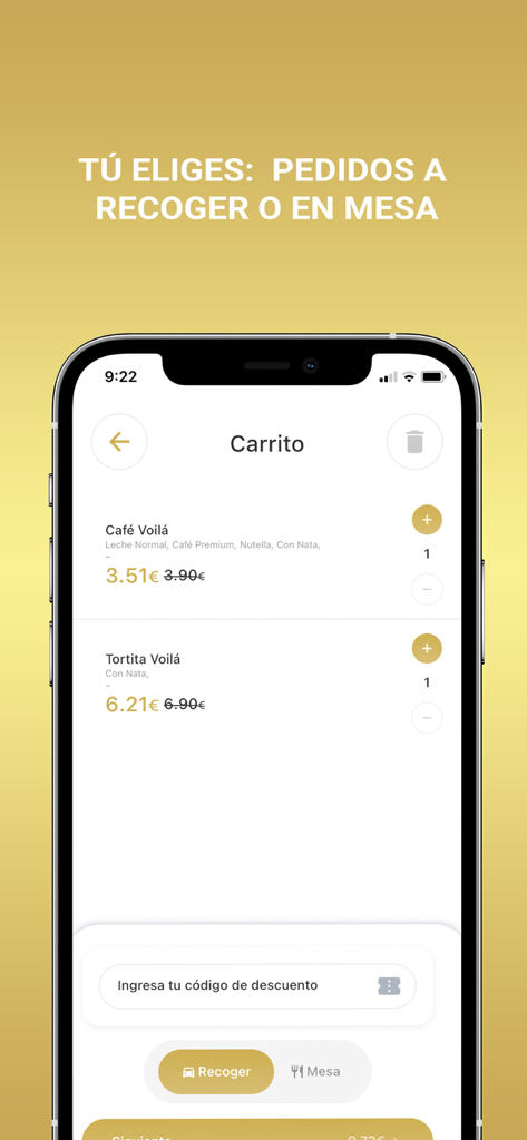 Voilá - Café & Brunch - Tela do carrinho de compras do aplicativo Voila exibindo itens do café com opções de retirada ou serviço de mesa.