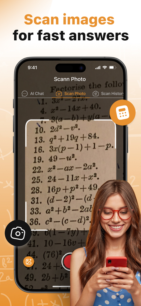 Fraction Calculator: Math Help - iPhone screen showing a math photo scanner solving algebra problems from a textbook