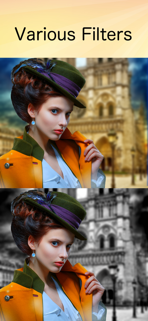 Example of selective color photo filter in PhotoLayers app showing a woman in color against a black and white background