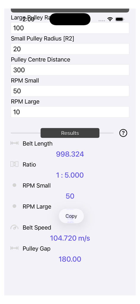 Interface of the Pulley Calculator app showing calculated results for belt length ratio and speed