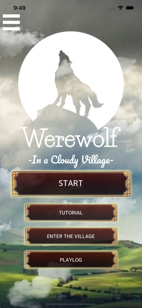 Werewolf -In a Cloudy Village- - Main title screen of the Werewolf In a Cloudy Village mobile app showing the game logo and start options
