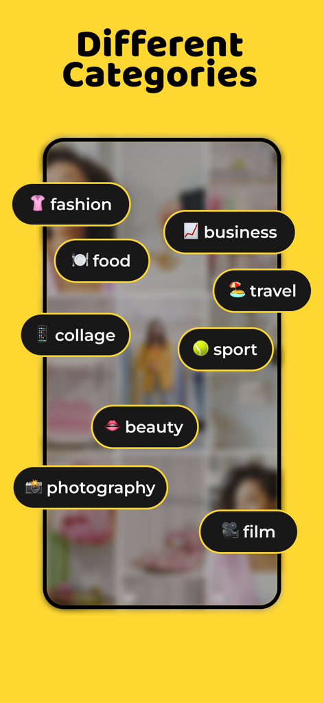 500 Stories: Reels Story Maker - Uno schermo mobile che mostra varie categorie di template per storie e reel di social media