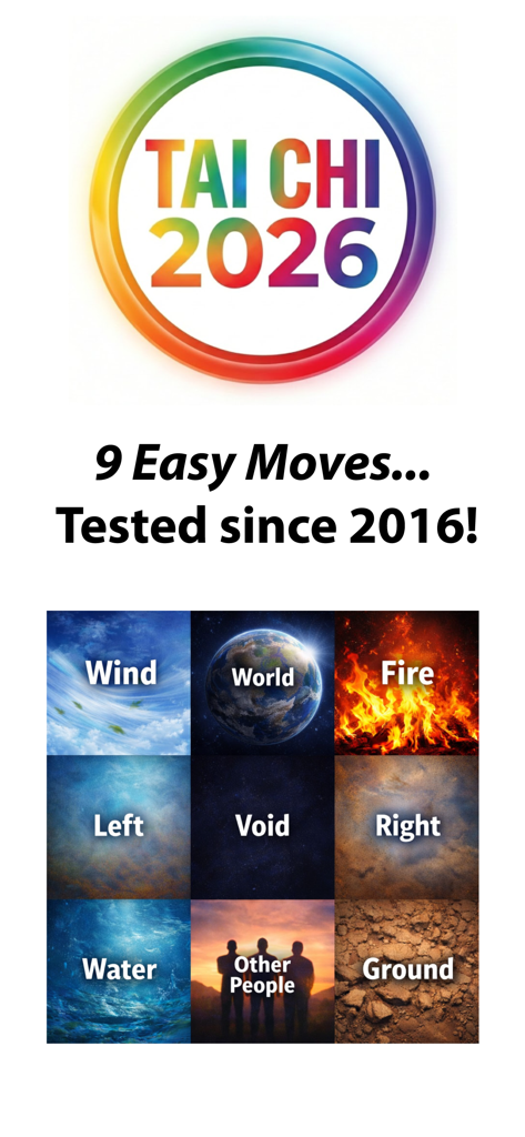 Tai Chi 2026 app screenshot showing nine easy movement categories and elemental themes like wind fire and water