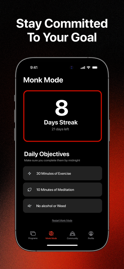 Digital Launchpad app Monk Mode screen tracking an 8 day habit streak and daily goals