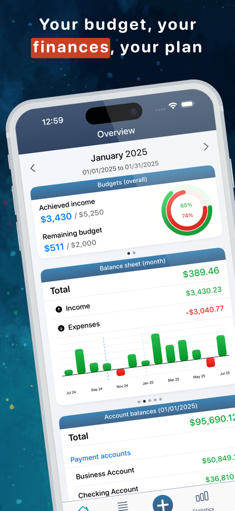 MoneyStats - Budget Planner - MoneyStats app overview showing monthly budget progress income expenses and account balances