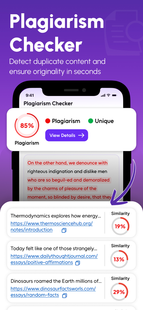 Plagiarism Checker-Humanize AI - Interface showing plagiarism detection results with percentage scores and source links