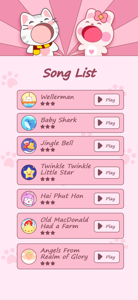 Duet Friends: Pet Music Games - Menu de seleção de músicas em Duet Friends Pet Music Games apresentando faixas populares e personagens de animais fofos de desenho animado.