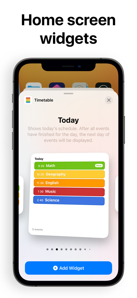 Preview of a color-coded daily class schedule on an iOS home screen widget