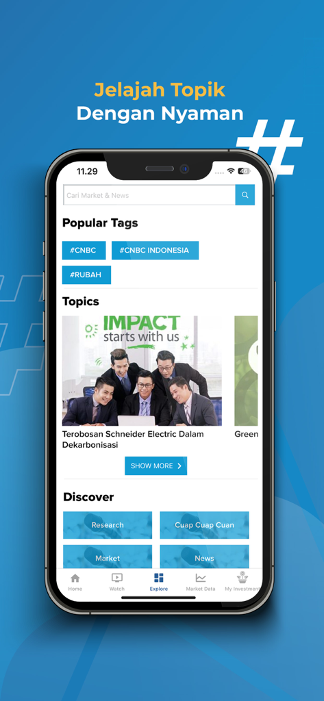 CNBC Indonesia - Market News - CNBC Indonesia mobile app explore screen featuring popular tags and financial news categories