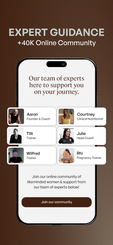 Transform by Fitaz - Transform by Fitaz app screen featuring a team of professional fitness coaches and a clinical nutritionist