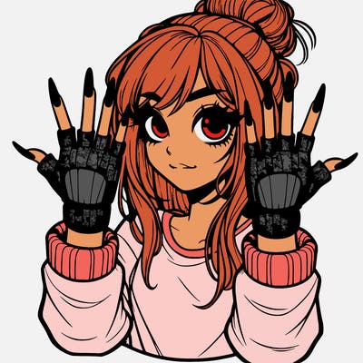 girl with fingerless gloves putting up the metal sign the girl has long nails and a messy bun