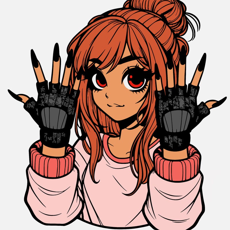 girl with fingerless gloves putting up the metal sign the girl has long nails and a messy bun