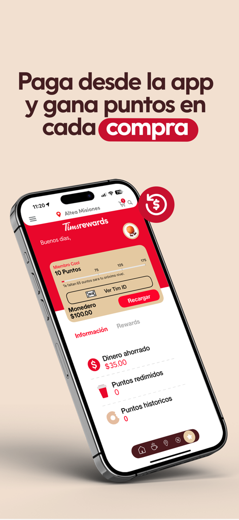 TIM HORTONS MX - Pantalla del programa de recompensas de lealtad de la app móvil Tim Hortons MX que muestra puntos de Timsrewards y el saldo de la billetera digital