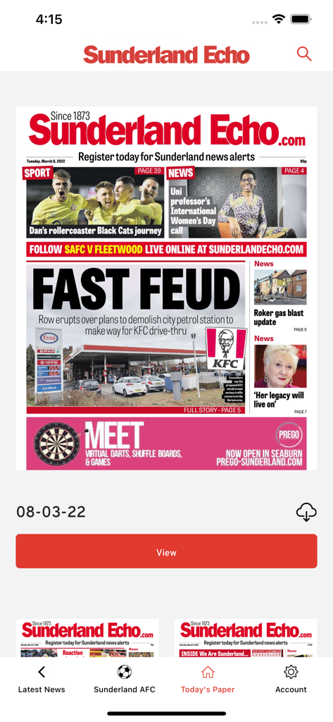 The Sunderland Echo Newspaper - Digital replica of the Sunderland Echo newspaper front page in the mobile app interface