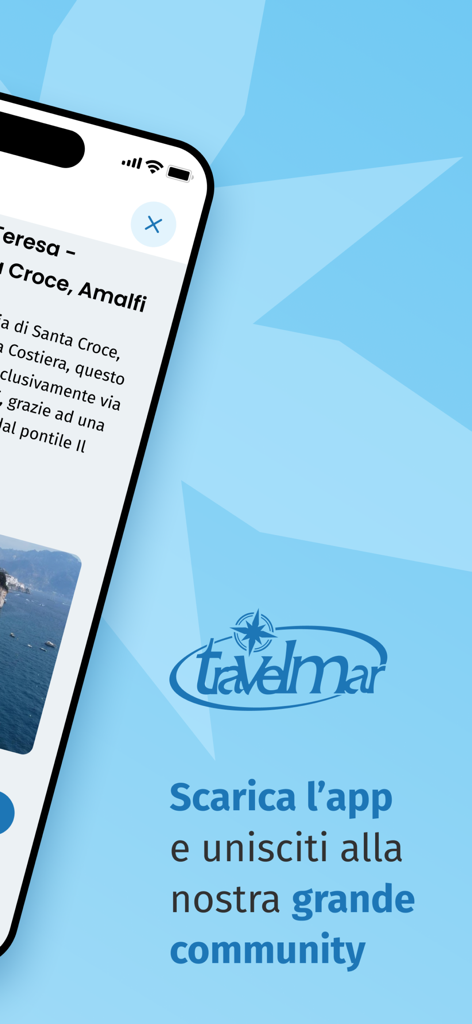 Promoción de la aplicación móvil TravelmAR para viajes a la Costa Amalfitana con invitación a la comunidad y consejos de viaje